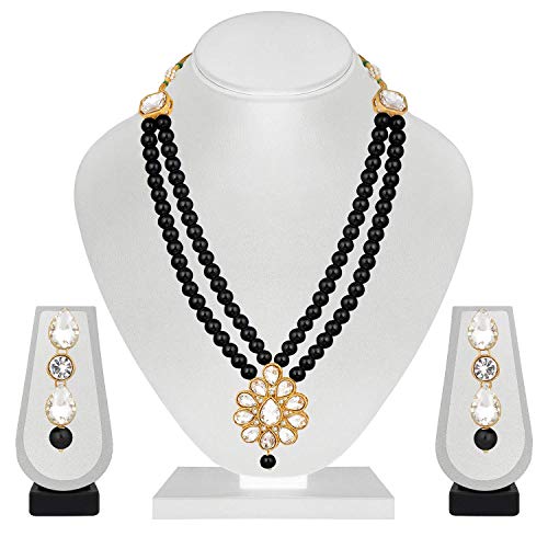 Aheli Wedding Faux Kundan Pendant Beaded Necklace Earrings Set Bollywood Indian Bharatanatyam jewellery set Gift for Women - color: Black