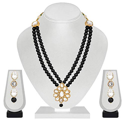 Aheli Wedding Faux Kundan Pendant Beaded Necklace Earrings Set Bollywood Indian Bharatanatyam jewellery set Gift for Women - color: Black