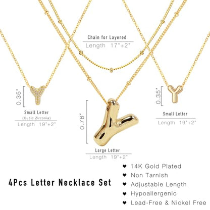 stino 4PCs Bubble Initial Letter Necklace Set, No Tarnish 14K Gold Plated Alphabet Pendant, Jewelry for Women - style: Y