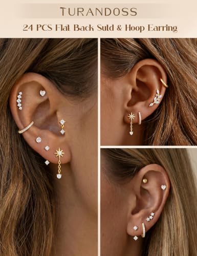 Turandoss 24Pcs Flat Back Earring Stacks, 316L Surgical Steel Earrings | Hypoallergenic Earrings for Sensitive Ears, Small Dainty Earrings Set, Helix Tragus Conch Daith Piercing Jewelry - color: 14K Gold Plated