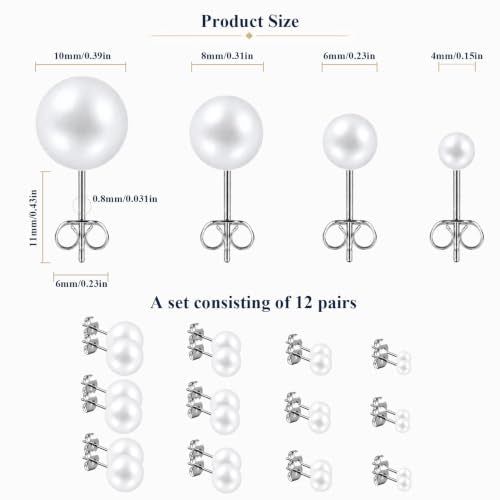 12 Pairs Simulated Pearl Stud Earrings Set for Women Men Beige White Black | 4 6 8 10 mm Faux Pearl Earrings Studs Pack, 316L Surgical Stainless Steel, Hypoallergenic for Sensitive Ears - color: White