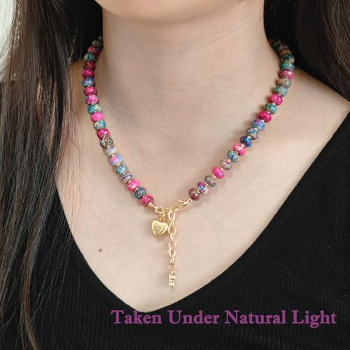 Boho Gemstone Beaded Necklace for Women – Colorful Natural Stone Choker 18K Solid Heart-Shaped Pendant, Summer Beach Jewelry - color: Imperial Jasper