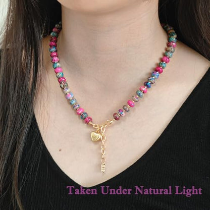 Boho Gemstone Beaded Necklace for Women – Colorful Natural Stone Choker 18K Solid Heart-Shaped Pendant, Summer Beach Jewelry - color: Imperial Jasper