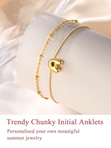 FOCALOOK Initial Anklet Bracelet for Women, 14K Gold Plated Anklets Layer Letter Ankle Chain Non Tarnish, 8.5"+2" Adjustable Large Ankle Summer Beach Foot Jewelry - color: Gold-C