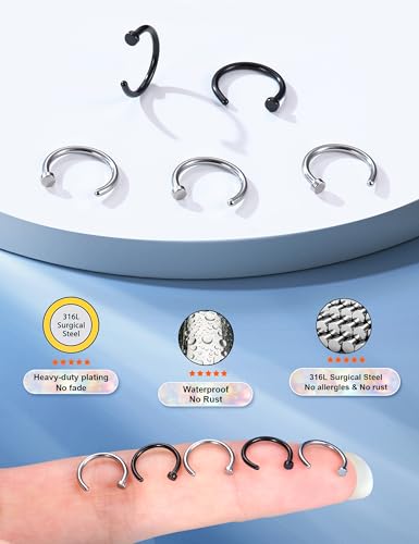18G 20G 22G Nose Rings Hoops for Women Nose Piercing - Hypoallergenic 316L Stainless Steel Hoop Nose Rings Piercing Jewelry 5PCS Gold Silver Black Tone - color: Silver+Black Plated