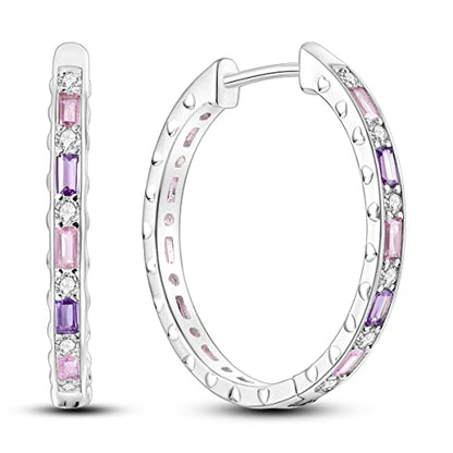 Parmuz 925 Sterling Silver Earrings Hoops for Women Ladies Simple Lightweight Twisted Medium Hoop Earrings With Cubic Zirconia Hypoallergenic Jewelry for Her - color: Pink Big hoop earring