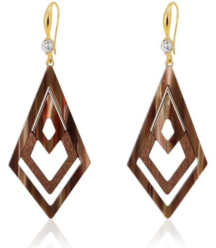 Ozel - Natural Wooden Acrylic Boho Drop Dangle Earrings for Women - Geometric Statement Jewellery - Brown, Black, Magent Red, Olive Green, White beige - color: Diamond_Brown
