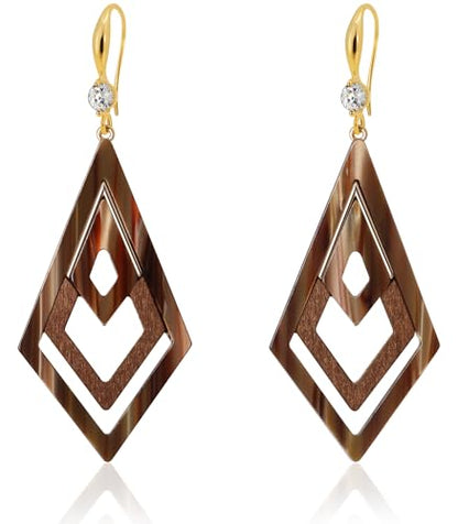 Ozel - Natural Wooden Acrylic Boho Drop Dangle Earrings for Women - Geometric Statement Jewellery - Brown, Black, Magent Red, Olive Green, White beige - color: Diamond_Brown