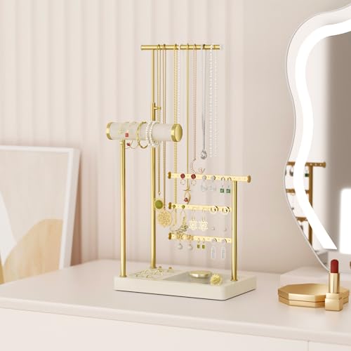 SZQINJI 5 Tier Jewelry Holder Organizer, Gold Necklace Stand Display, Beige | Velvet Bracelet Holder, Adjustable Height Jewelry Display for Necklaces, Bracelets, Earrings, Rings, Gift Idea for Women - color: Beige