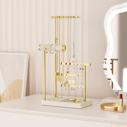SZQINJI 5 Tier Jewelry Holder Organizer, Gold Necklace Stand Display, Beige | Velvet Bracelet Holder, Adjustable Height Jewelry Display for Necklaces, Bracelets, Earrings, Rings, Gift Idea for Women - color: Beige