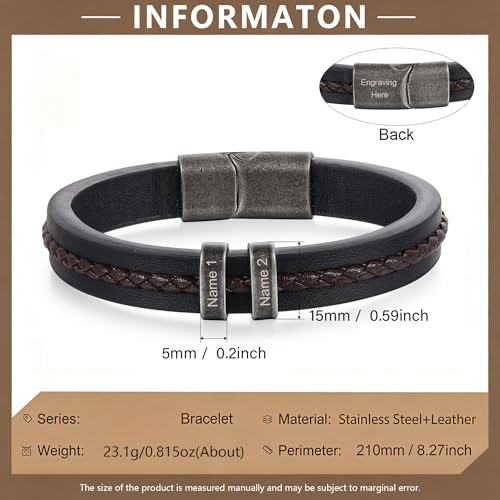 Personalized Bracelet for Men, Engraved Name Bead Braided Leather Bracelet for Dad Husband Grandpa Son, Custom Stainless Steel Men's Bracelet - color: 2 names