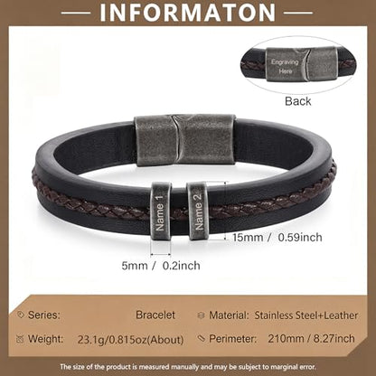Personalized Bracelet for Men, Engraved Name Bead Braided Leather Bracelet for Dad Husband Grandpa Son, Custom Stainless Steel Men's Bracelet - color: 2 names