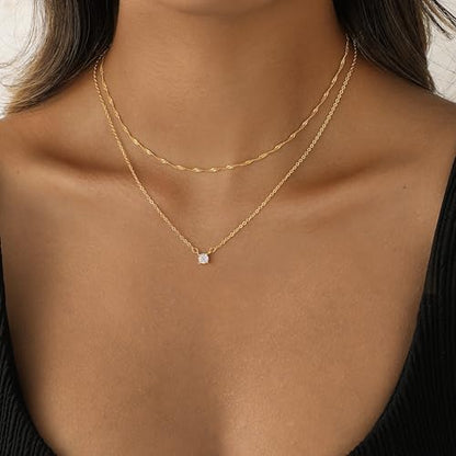 Dainty 14K Gold Plated/Silver Cubic Zirconia Diamond Necklaces for Women,Simple CZ Layered Gold Silver Necklaces Stack Trendy Jewelry Gifts - style: Layered Chain CZ-Gold