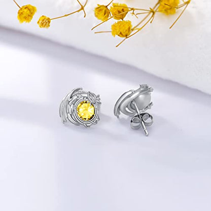 Dragon Earrings Sterling Silver Stud Hypoallergenic Birthstone Crystal Dragon Earrings for Women - color: 11-Nov
