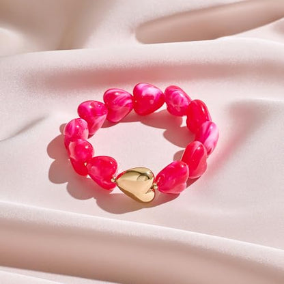 Multicolor Chunky Beaded Bracelet for Women Bold Acrylic Resin Stretch Bracelet Summer Beach Statement Bracelets Trendy Elastic Bangle Jewelry - color: Heart bracelet-rose red