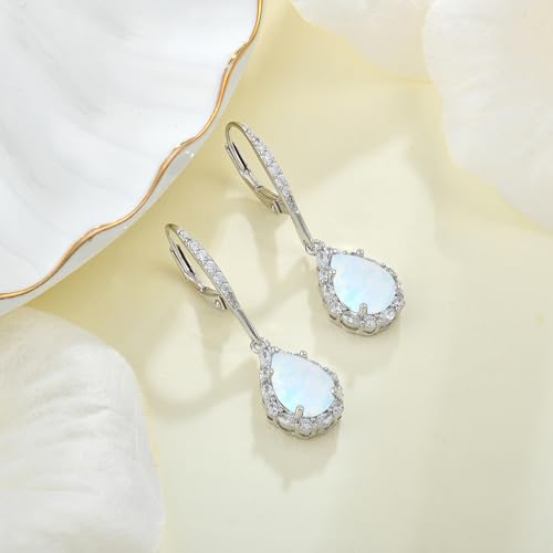Created Opal Earrings 925 Sterling Silver Leverback Drop Dangle Earrings 5A Cubic Zirconia Jewelry for Women - color: B white opal