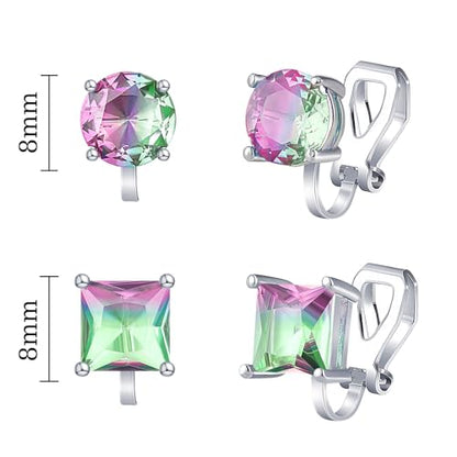 YOQUCOL 2 Pairs 8MM Cubic Zirconia Crystal Clip On Stud Earrings Non Pierced Stud Earrings For Women - color: Aurora-Pink Green