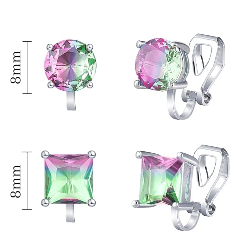 YOQUCOL 2 Pairs 8MM Cubic Zirconia Crystal Clip On Stud Earrings Non Pierced Stud Earrings For Women - color: Aurora-Pink Green