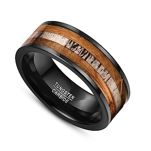 NUNCAD 8mm Tungsten Ring for Men, Black Inlaid Whisky Barrel Wood Antler Hammered Tungsten Wedding Bands Customize Engraved Ring Fit Men Women Size 7-12 - color: B-Black