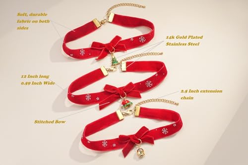 FOSIR Velvet Choker for Slender Neck, 14k Gold Plated Sainless Steel Heart/Snowman/Deer/Hat/Tree/Bell/Pendant Collar Necklace for Women, Adjustable Soft Skin-Friendly Velvet Jewelry Gifts - color: Red Choker- Bell