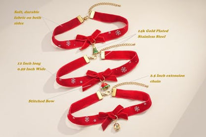 FOSIR Velvet Choker for Slender Neck, 14k Gold Plated Sainless Steel Heart/Snowman/Deer/Hat/Tree/Bell/Pendant Collar Necklace for Women, Adjustable Soft Skin-Friendly Velvet Jewelry Gifts - color: Red Choker- Bell