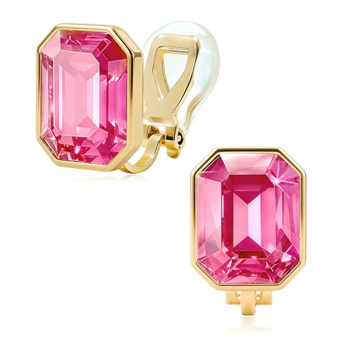 Octagon Austrian Crystal Non Pierced Clip On Earrings for Women | 14K Gold-Plated,Silicone Comfort Pad,Great for Unpierced Ears, Gift Box Included,Brighten Up Daily Outfits - color: Pink