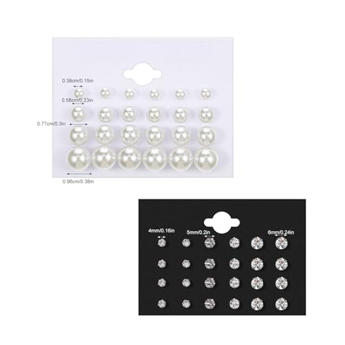 24 Pairs Pearl Studs Earrings for Women, Faux Simulated Pearl Earrings 4 Mixed Sizes Round Ball Pearls Stud Earring Set - color: Beige, Clear