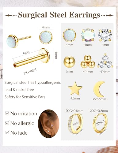 Sanfenly Threadless Flat Back Earrings Studs 316L Surgical Steel Cartilage Earrings for Women Men Push in Nose Rings Studs 20G 18G 16G CZ Opal Tragus Helix Conch Lip Labret Medusa Nostril Piercing Jewelry Hypoallergenic - color: 14K Gold, size: 18g=1.0mm