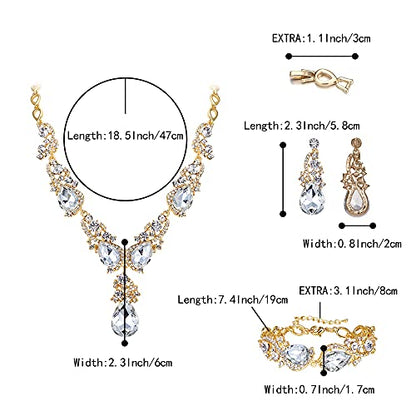 Wedding Bridal Jewelry Set for Women Prom Party Accessories | Shiny Multi Teardrop Cluster Crystal Statement Necklace Dangle Earrings Link Bracelet Set for Bride Bridesmaid - color: Clear Gold-Plated-Base