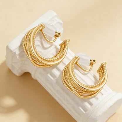Clip on Earrings for Women Silver and Gold Plated Twisted Rope Hoops Non Pierced C Hoop Earring Lightweight Two Tone Clips Mixed Metal Jewelry Gifts - color: Wide Hoop-gold