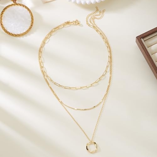 Gmai Layered Necklaces for Women Gold Plated 3/4/5 Piece Adjustable Stackable Necklace Set with Pearl Cross Coin Pendant Dainty Gold Silver Choker Chain Jewelry Gift for Her - style: Circular paperclip pendant