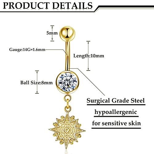 Hicarer 8 Pieces 14G Belly Button Rings Steel Long Dangle Navel Ring CZ Body Piercing Jewelry - color: Gold