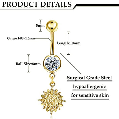 Hicarer 8 Pieces 14G Belly Button Rings Steel Long Dangle Navel Ring CZ Body Piercing Jewelry - color: Gold