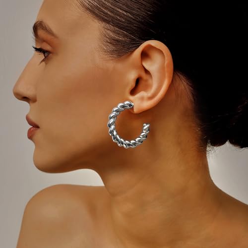12 Pairs Chunky Gold Hoop Earrings for Women Trendy, Gold Plated Lightweight Hypoallergenic Stack, Thick Open Twisted Huggie Hoops Earring Set - color: Silver Chunky