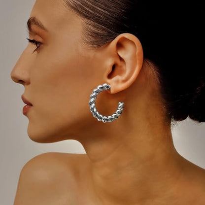 12 Pairs Chunky Gold Hoop Earrings for Women Trendy, Gold Plated Lightweight Hypoallergenic Stack, Thick Open Twisted Huggie Hoops Earring Set - color: Silver Chunky