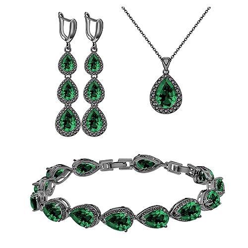 LMXXVJ Necklace Long Earrings Bracelet Set, White Gold Plated Created Blue Sapphire Jewelry Set Wedding Party Gift Jewelry for Women Bridal Bridesmaid - color: Black Gun-Green