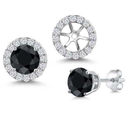 Gem Stone King 14K White Gold 6MM Round Gemstone Birthstone Stud Earrings with Removable Jackets and Lab Grown Diamond Accents | Gold Earrings For Women | Fine Jewelry Gift for Her Mom Women Wife - color: Black Sapphire-September