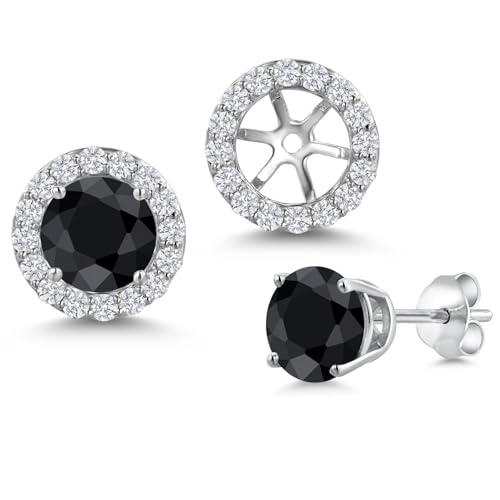 Gem Stone King 14K White Gold 6MM Round Gemstone Birthstone Stud Earrings with Removable Jackets and Lab Grown Diamond Accents | Gold Earrings For Women | Fine Jewelry Gift for Her Mom Women Wife - color: Black Sapphire-September