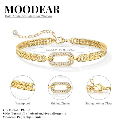 Moodear Gold Ankle Bracelets for Women Waterproof,14K Gold Plated Anklets | Waterproof, Non Tarnish Cuban Link Anklets, Trendy Jewelry Accessories for Summer Vacation, Beach Gifts for Women - style: Cuban CZ Paperclip
