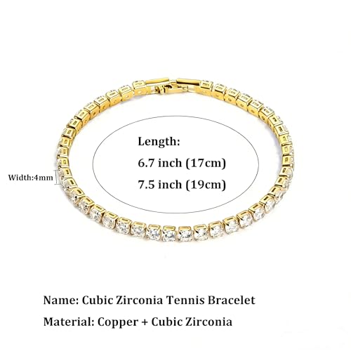 GulCean 14K Gold Plated 4mm Cubic Zirconia Classic Tennis Bracelet Copper CZ Charm Iced Out Tennis Bracelet for Women Men Size 6.7inch 7.5 inch - color: Gold, size: 7.5inch(19cm)