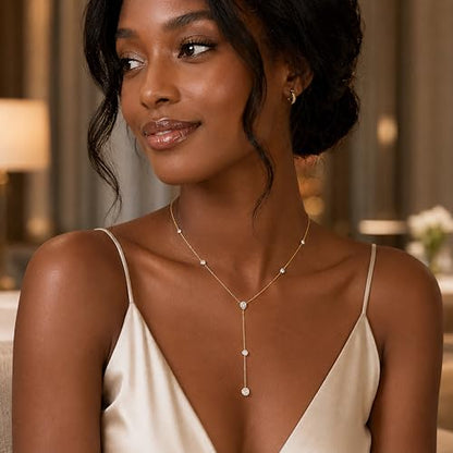 LANE WOODS Moissanite Lariat Necklace for Women, 925 Sterling Silver Y Necklace with Teardrop Pendant, Dainty Gold Plated Drop Necklace 16+2 Inch Adjustable Chain, Bridal Wedding Prom Jewelry - color: gold