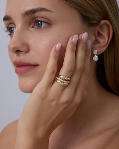 PAVOI 14K Gold Plated Stackable Rings for Women - Dainty Stackable Gold Ring Set of Three with Cubic Zirconia Multi-Bands - Trendy Fashion Jewelry - color: White Gold