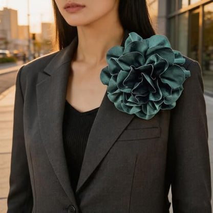 Dainty Satin Fabric Rose Flower Brooches 7.5in Extra Large Big Camellia Flower Brooches Lapel Pins for Women Wedding Party Dance Dress Clothes Accessories - color: Green