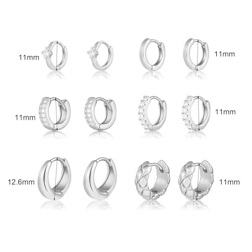 Wgoud Small Gold Hoop Earrings Set for Women, 6 Pairs 14K Gold Plated Hypoallergenic Lightweight Huggie Hoops Earrings, Trendy Cartilage Cubic Zirconia Earrings for Women Gifts. - color: E-Silver hoops