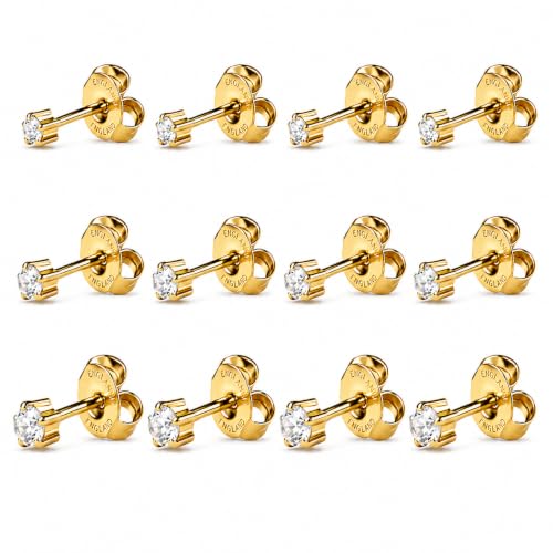 Caflon 12 Pairs April Birthstone Stud Earrings - Clear Crystal Clawset Studs, 3mm/4mm/5mm | 24K Gold Plated Stainless Steel | Hypoallergenic Nickel-Safe for Sensitive Ears | Bulk Value Pack & Gift - color: 24K Gold Plated, size: 5mm