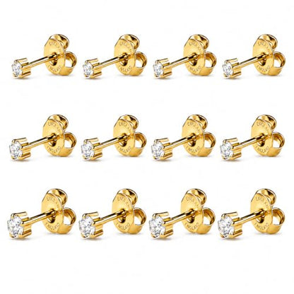 Caflon 12 Pairs April Birthstone Stud Earrings - Clear Crystal Clawset Studs, 3mm/4mm/5mm | 24K Gold Plated Stainless Steel | Hypoallergenic Nickel-Safe for Sensitive Ears | Bulk Value Pack & Gift - color: 24K Gold Plated, size: 5mm