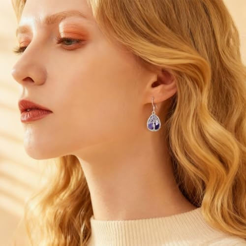 AEONSLOVE Tree of Life Crystal Earrings with Sterling Silver Ear Hooks, Dangle Drop Tree Earrings Gifts for Women - style: A01-Amethyst-Teardrop