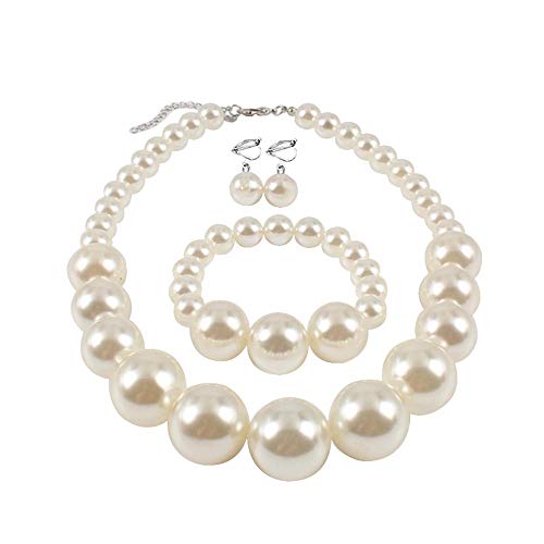 Bridal Wedding Faux Pearl Statement Necklace and Clip on Earrings Bracelet Jewelry Sets Women Bib Choker Necklace - color: White-Necklace+Bracelet+Clip Earrings
