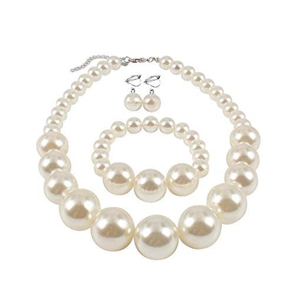 Bridal Wedding Faux Pearl Statement Necklace and Clip on Earrings Bracelet Jewelry Sets Women Bib Choker Necklace - color: White-Necklace+Bracelet+Clip Earrings