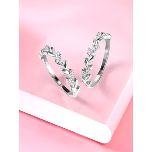 Aheli Cubic Zirconia Studded Leaf Style Adjustable Toe Ring Bichiya Fancy Jewellery for Women - color: Silver